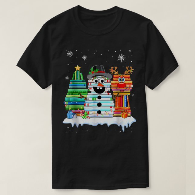 Weihnachtsbaum Snowman Rentier Buchstapel T-Shirt  (Design vorne)