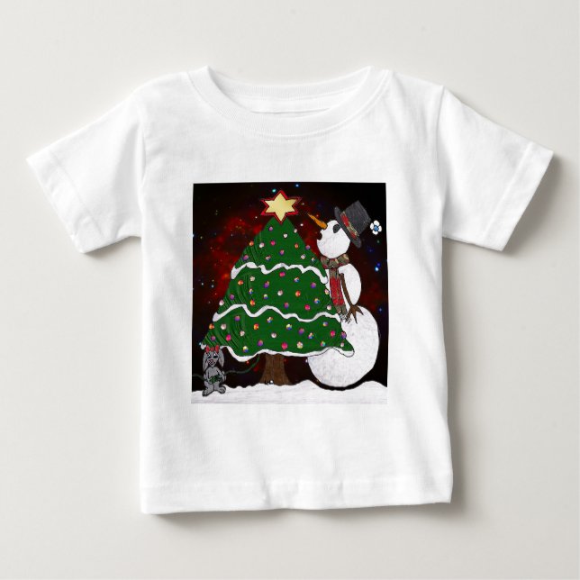 Weihnachtsbaum Snowman Überraschung Kunst drucken Baby T-shirt (Vorderseite)