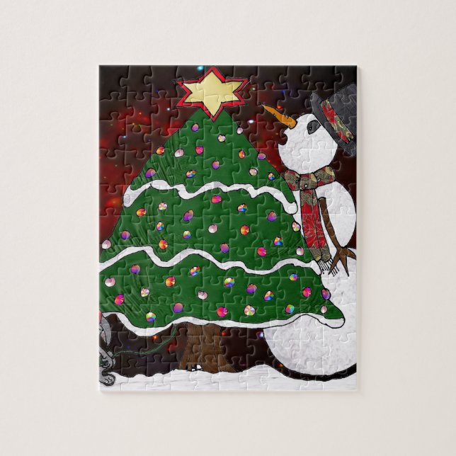 Weihnachtsbaum Snowman Überraschung Kunst drucken Puzzle (Vertikal)