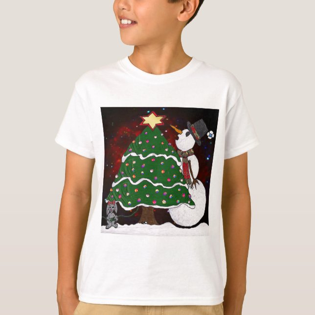 Weihnachtsbaum Snowman Überraschung Kunst drucken T-Shirt (Vorderseite)