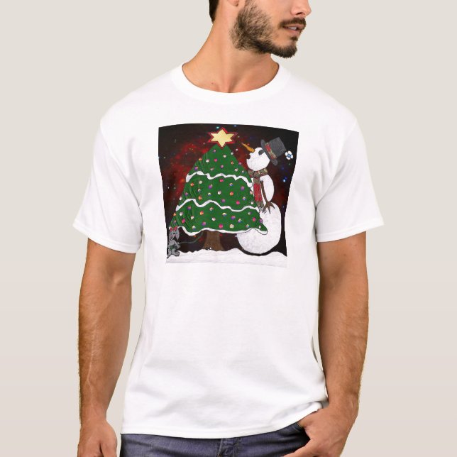 Weihnachtsbaum Snowman Überraschung Kunst drucken T-Shirt (Vorderseite)