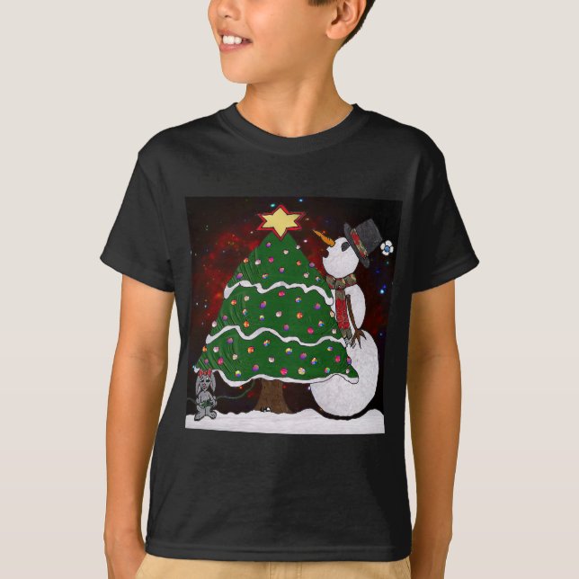 Weihnachtsbaum Snowman Überraschung Kunst drucken T-Shirt (Vorderseite)