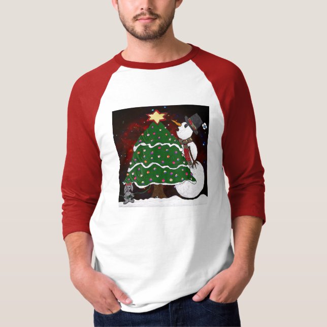 Weihnachtsbaum Snowman Überraschung Kunst drucken T-Shirt (Vorderseite)