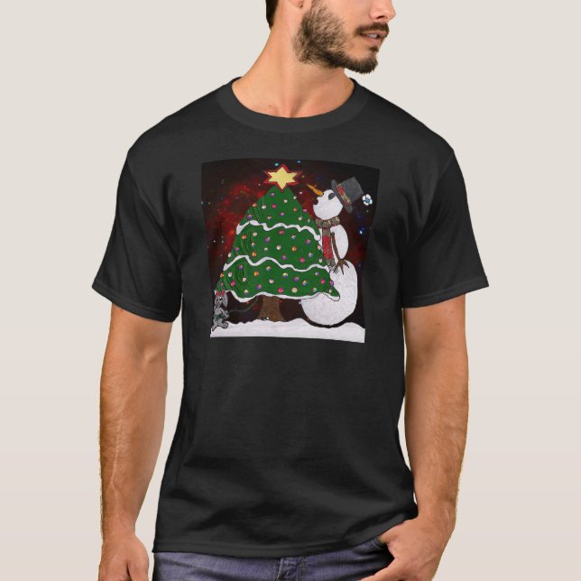 Weihnachtsbaum Snowman Überraschung Kunst drucken T-Shirt (Vorderseite)