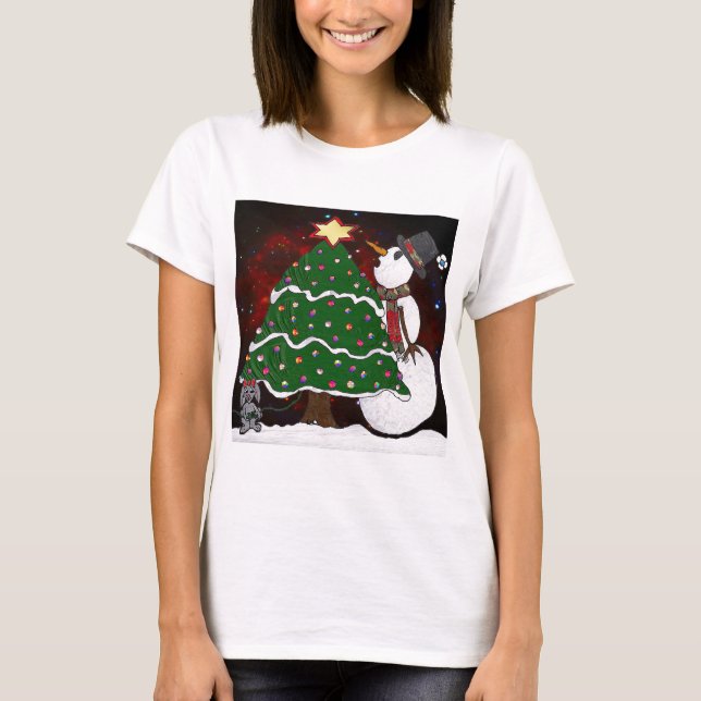 Weihnachtsbaum Snowman Überraschung Kunst drucken T-Shirt (Vorderseite)