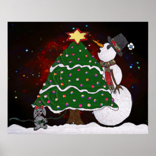 Weihnachtsbaum Snowman Überraschung Kunstdruckpost Poster