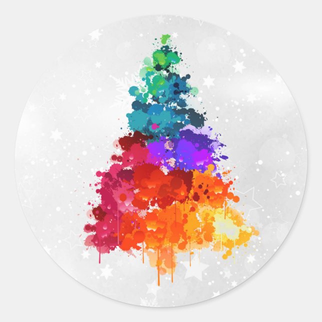 Weihnachtsbaum, Spritzer Paint, Primärfarben Runder Aufkleber (Vorderseite)