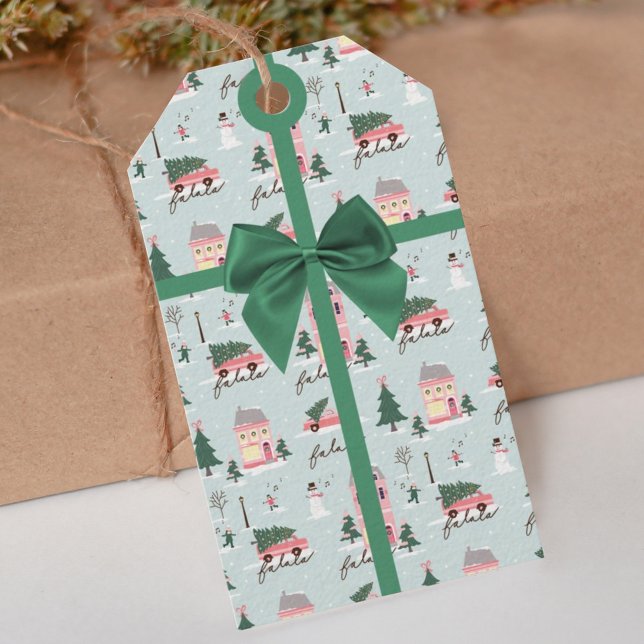 Weihnachtsbaum & Stadt Rosa Retro Van Green Bow Geschenkanhänger (Christmas Tree & Town Pink Retro Van Green Bow Gift Tags)
