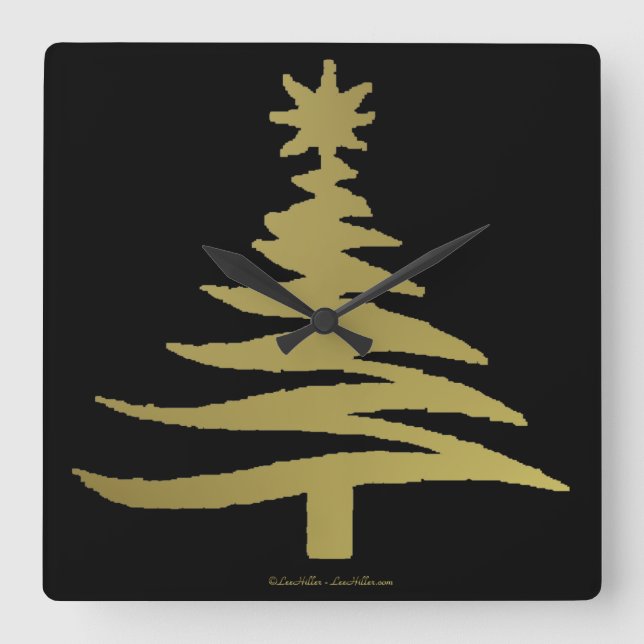 Weihnachtsbaum Stencil Gold Quadratische Wanduhr (Vorderseite)