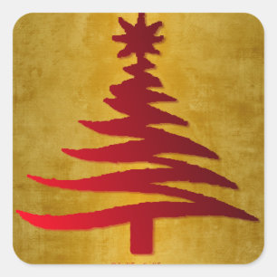 Weihnachtsbaum Stencil Red auf Gold Quadratischer Aufkleber