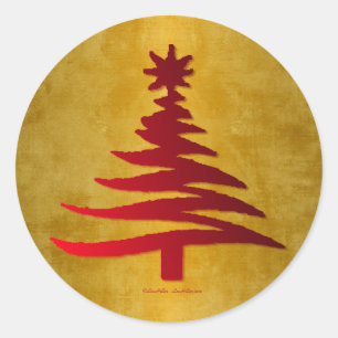 Weihnachtsbaum Stencil Red auf Gold Runder Aufkleber
