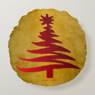 Weihnachtsbaum Stencil Red auf Gold Rundes Kissen
