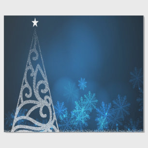 Weihnachtsbaum, Stern, blaue Schneeschneeflocken F Geschenkpapier