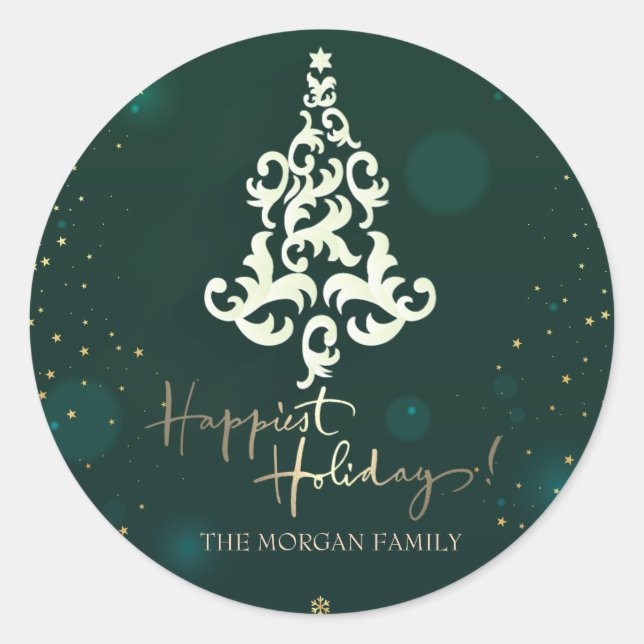 Weihnachtsbaum, Sterne, Grün glücklichste Ferien Runder Aufkleber (Vorderseite)