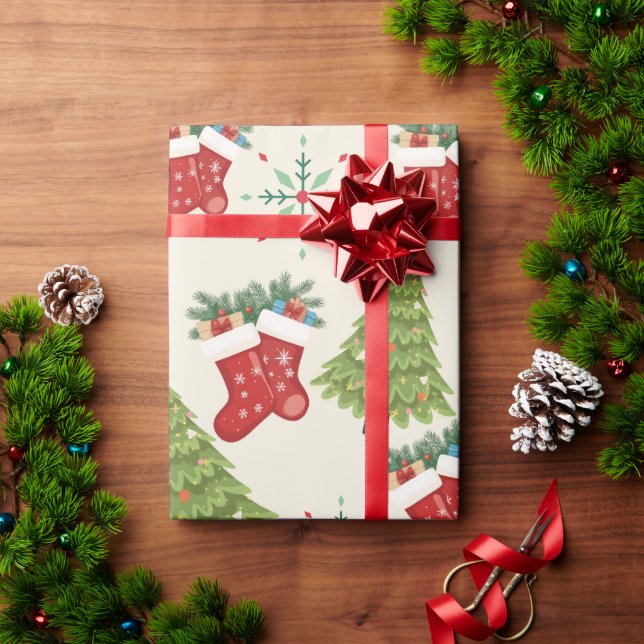 Weihnachtsbaum, Strumpf & Schneeflocken Geschenkpa Geschenkpapier (Feiertagsgeschenk)