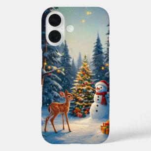 Weihnachtsbaum Szene Niedlich Hirschgewächse Snowm iPhone 16 Hülle