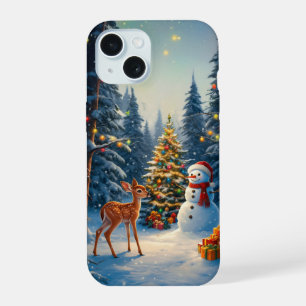 Weihnachtsbaum Szene Niedlich Hirschgewächse Snowm iPhone 15 Hülle