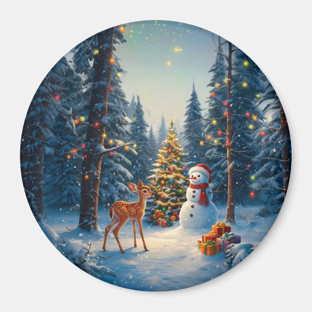 Weihnachtsbaum Szene Niedlich Hirschgewächse Snowm Magnet (Vorne)