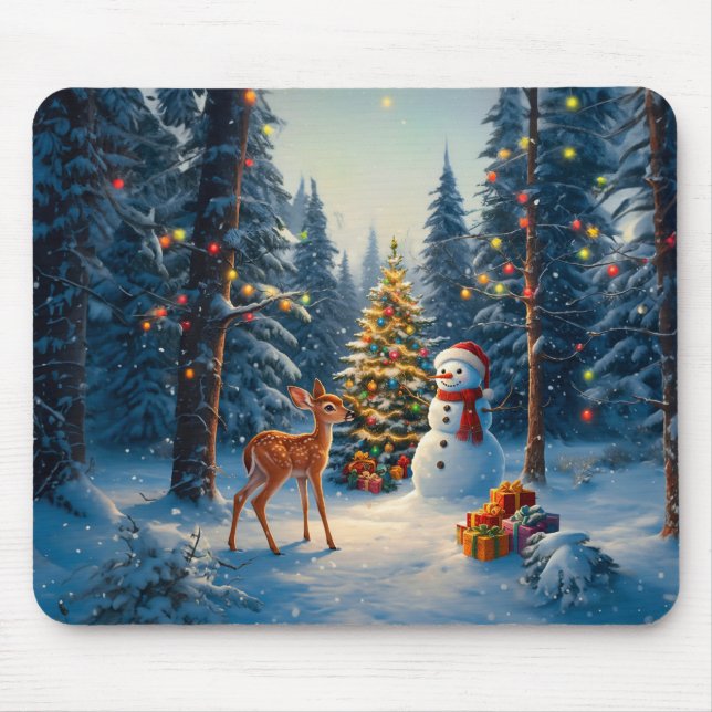 Weihnachtsbaum Szene Niedlich Hirschgewächse Snowm Mousepad (Vorne)