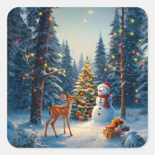 Weihnachtsbaum Szene Niedlich Hirschgewächse Snowm Quadratischer Aufkleber