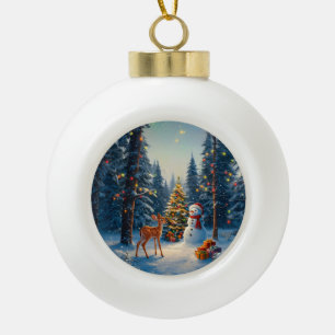 Weihnachtsbaum Szene Süßer Hirsch Reh Schneemann Keramik Kugel-Ornament