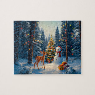 Weihnachtsbaum-Szene Süßer Hirsch Reh Schneemann Puzzle