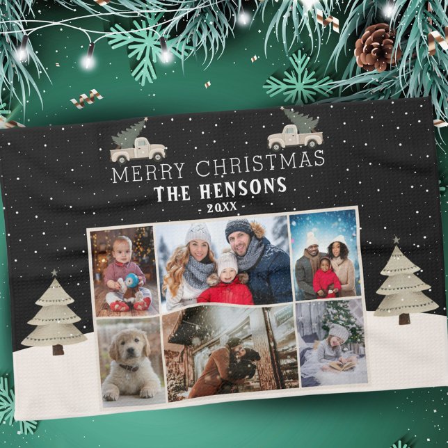 Weihnachtsbaum Truck Familie 6 FotoCollage Geschirrtuch (Von Creator hochgeladen)