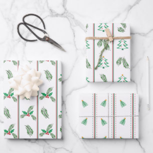 Weihnachtsbaum und Beeren mit Streifen Geschenkpapier Set