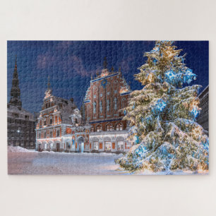 Weihnachtsbaum und Blackheads Haus in Riga Jigsaw Puzzle