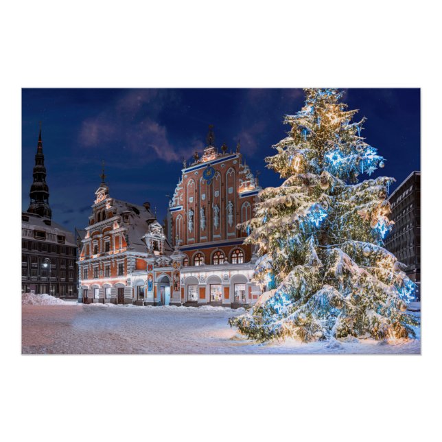 Weihnachtsbaum und Blackheads Haus in Riga Poster (Vorderseite)