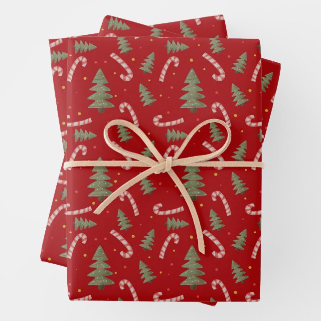 Weihnachtsbaum und Candy Cane Red Geschenkpapier Set (Beispiel)