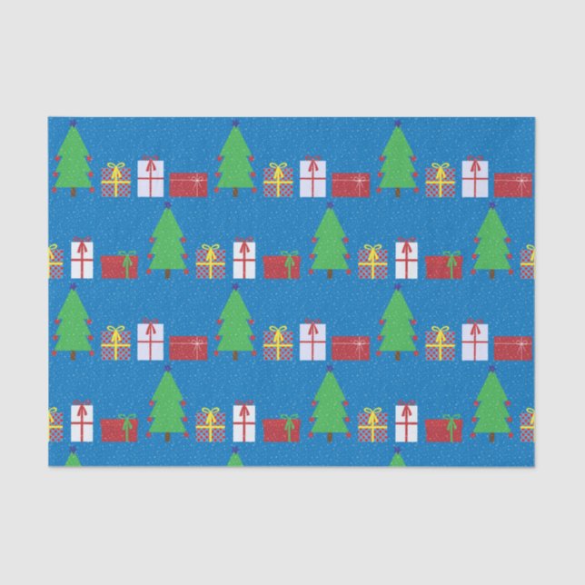 Weihnachtsbaum und Geschenke auf blauem Gewebe Seidenpapier (Vorderseite)