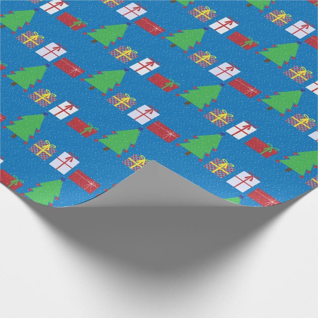 Weihnachtsbaum und Geschenke auf blauem Wrapping P Geschenkpapier (Ecke)