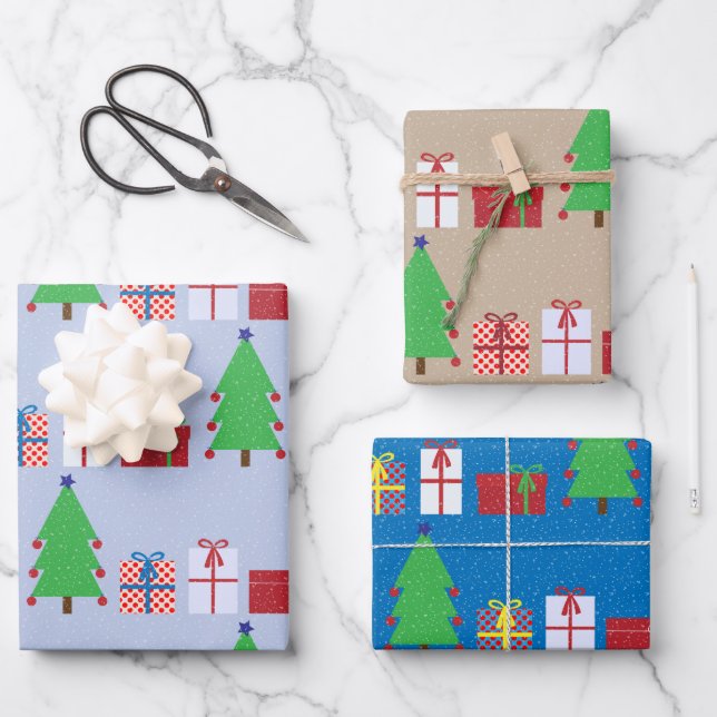 Weihnachtsbaum und Geschenke Blue Beige und farben Geschenkpapier Set (Vorderseite)