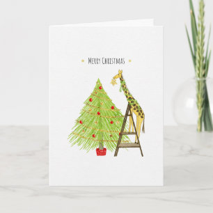 Weihnachtsbaum und Giraffe auf einer Leiter Feiertagskarte
