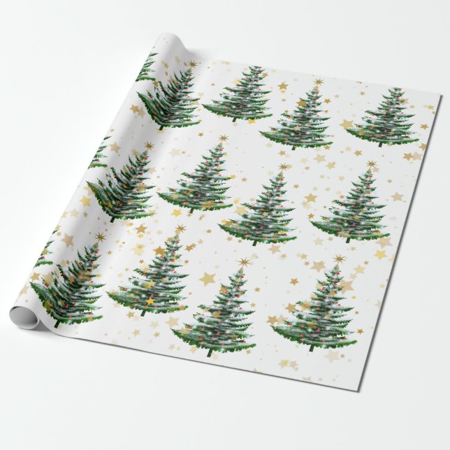 Weihnachtsbaum und Goldstars Geschenkpapier (Ungerollt)