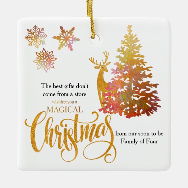 Weihnachtsbaum und Hirsch bald Familie von Vier Keramikornament (Vorderseite)