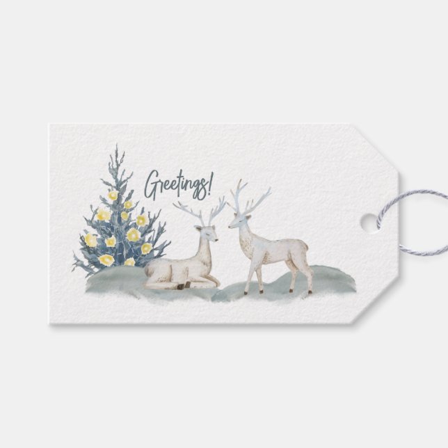 Weihnachtsbaum und Hirsch im Schnee Geschenkanhänger (Vorderseite (Horizontal))