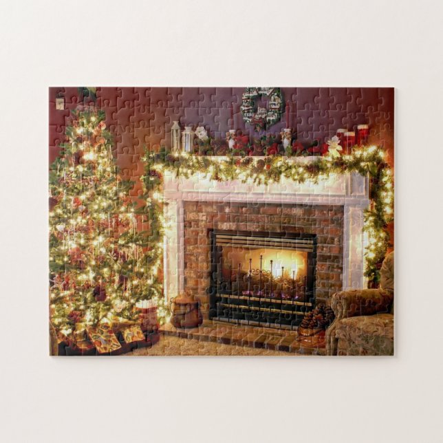 Weihnachtsbaum-und Kamin-Foto-Puzzlespiel Puzzle (Horizontal)