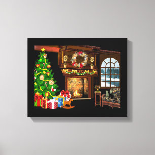 Weihnachtsbaum und Kamin Leinwanddruck