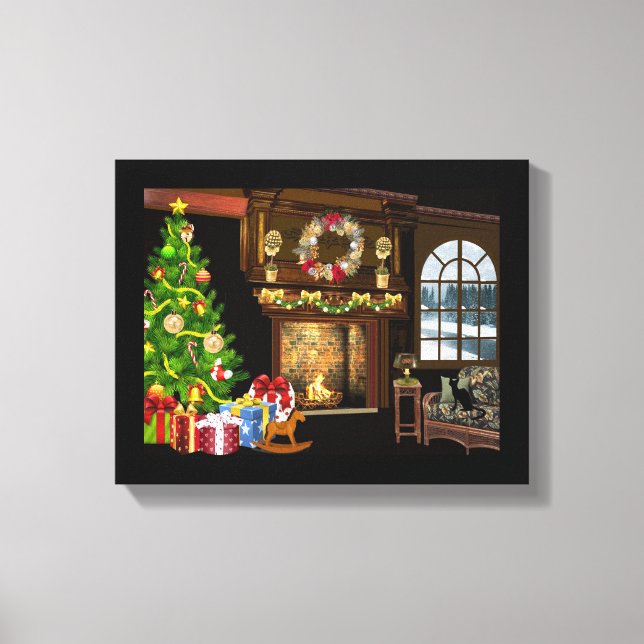 Weihnachtsbaum und Kamin Leinwanddruck (Vorderseite)