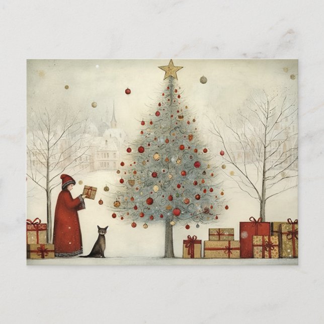 Weihnachtsbaum und Katze Postkarte (Vorderseite)