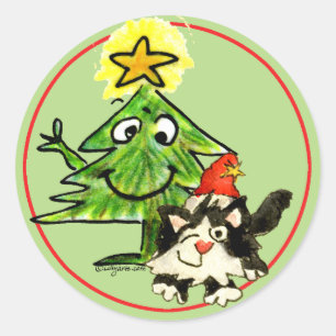 Weihnachtsbaum und Kitten Katze Runder Aufkleber