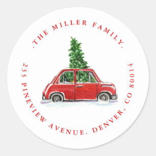 Weihnachtsbaum und kleine rote Auto-Feiertagsadres Runder Aufkleber