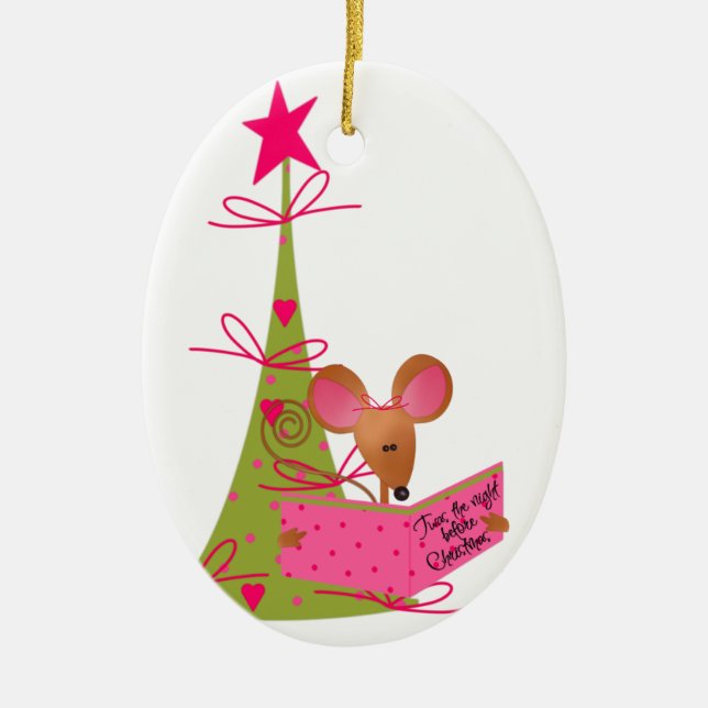 Weihnachtsbaum und Lesemaus Keramikornament (Vorne)