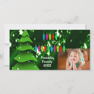 Weihnachtsbaum und Lichtfoto-Karte des grünen Fake Feiertagskarte
