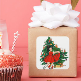 Weihnachtsbaum und Mädchen Quadratischer Aufkleber