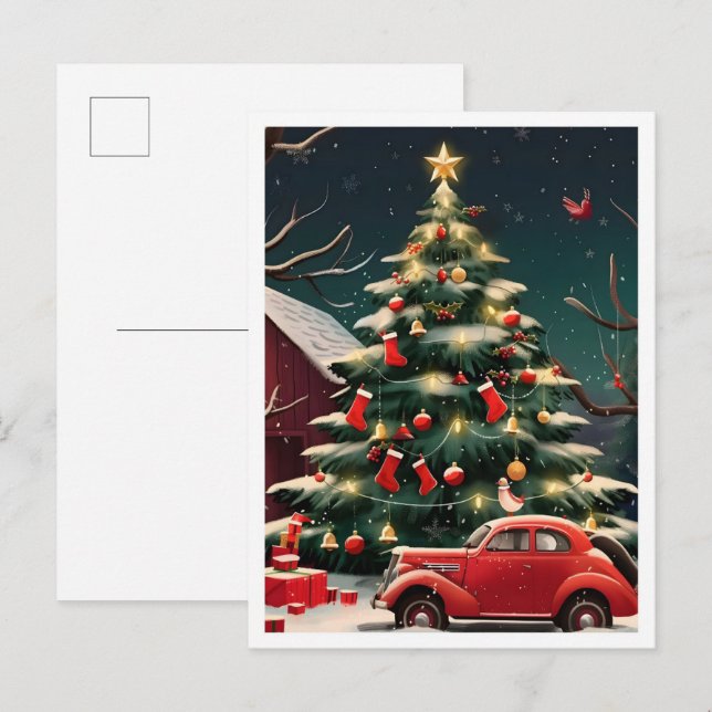 Weihnachtsbaum und Oldtimer Postkarte (Vorne/Hinten)