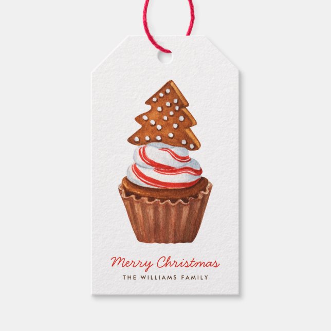 Weihnachtsbaum und Pfefferminz Cupcake Geschenkanhänger (Vorderseite)