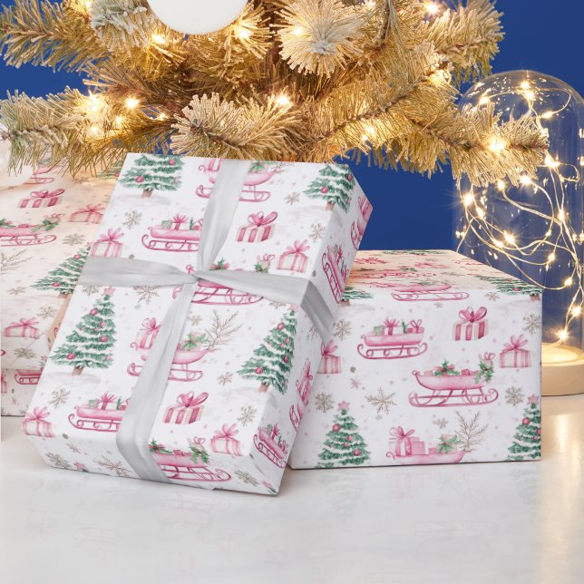 Weihnachtsbaum und rosa Santa Sleigh Geschenkpapier (Feiertage)